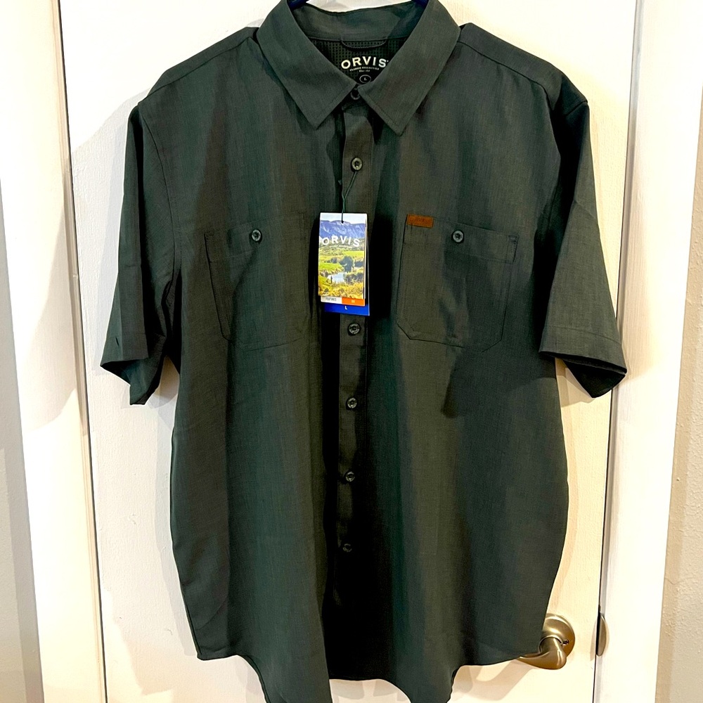 NWT Men’s Short Sleeve Button Down Shirt, Orvis, Size Large, Olive Green